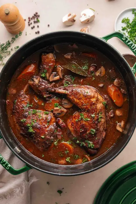 Coq au Vin i en gjutjärnsgryta.