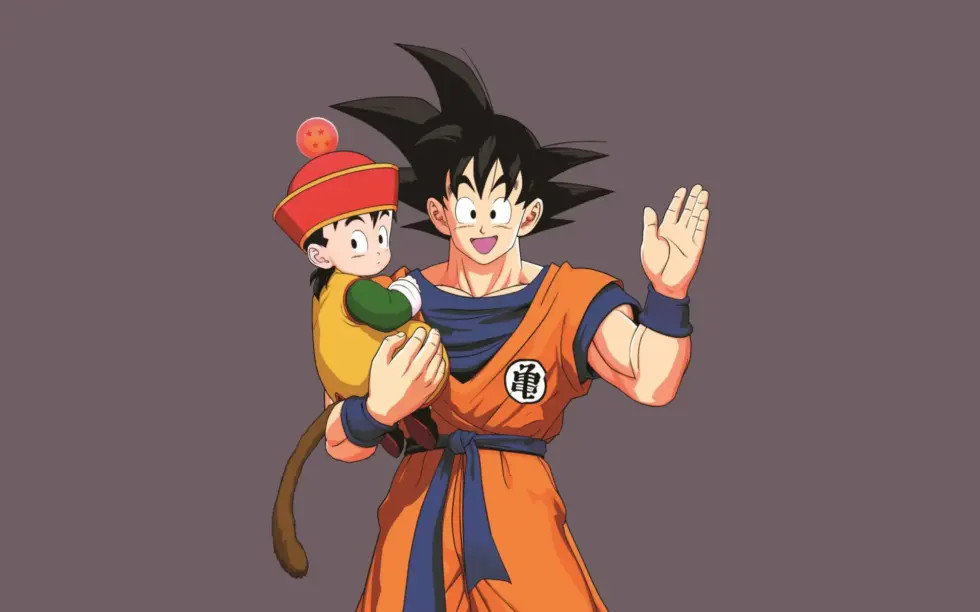 Bilden föreställer huvudpersonen Son Goku från anime- och mangaserien Dragon Ball tillsammans med sin son Gohan när han var liten. 